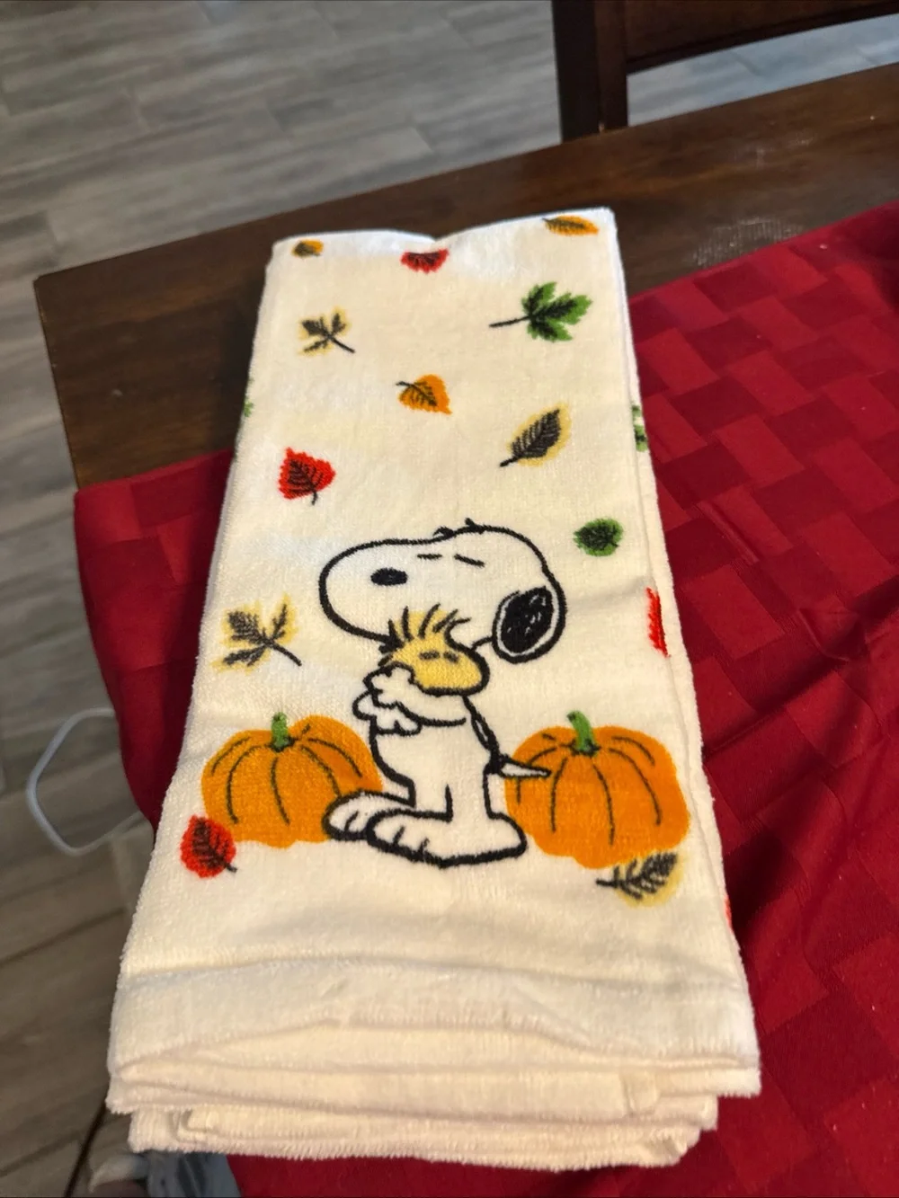 Peanuts Snoopy & Woodstock Fall Towel in White, Orange, Green, Red